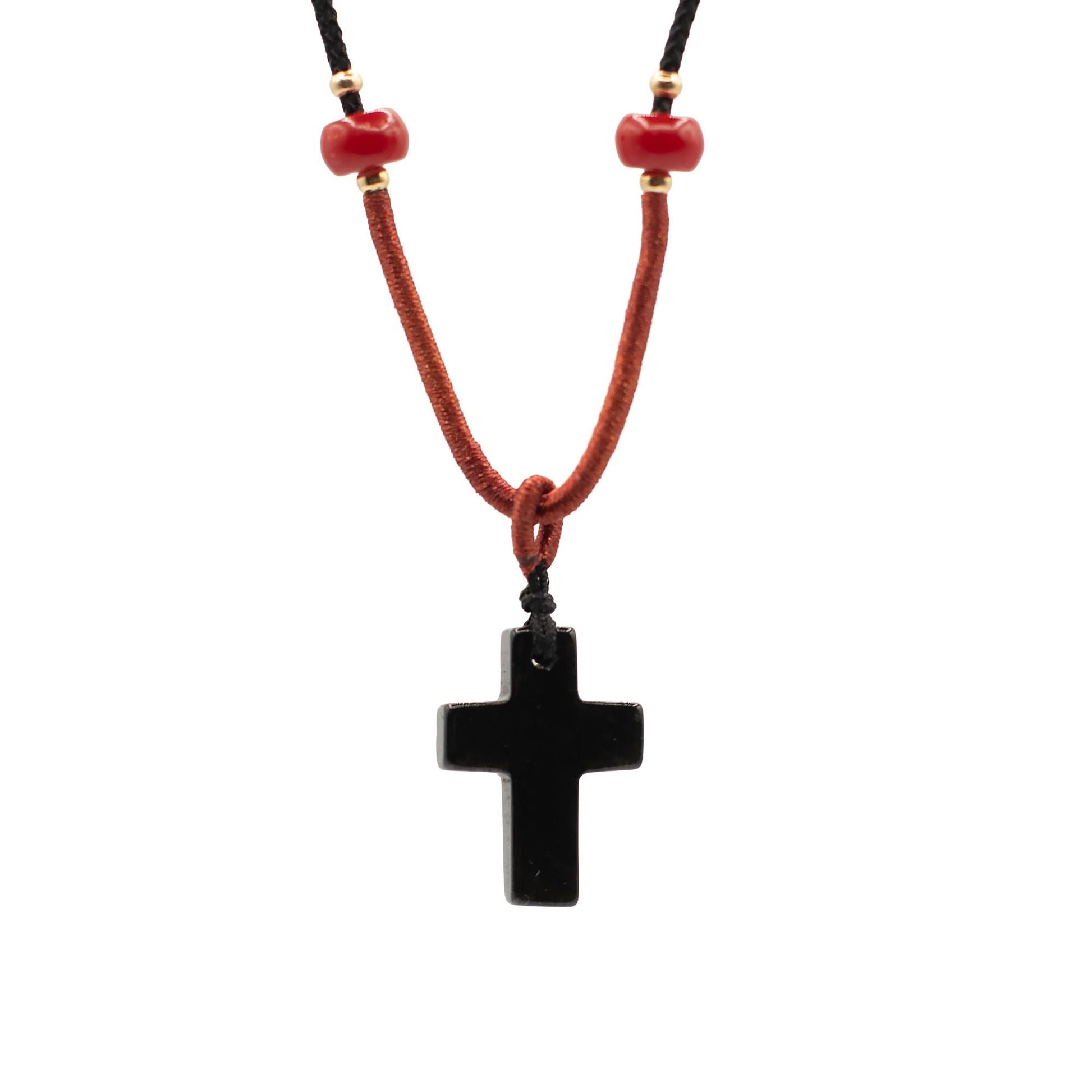 Cord Necklace Gemstone Pendant - Black Agate Cross - Luna Panther