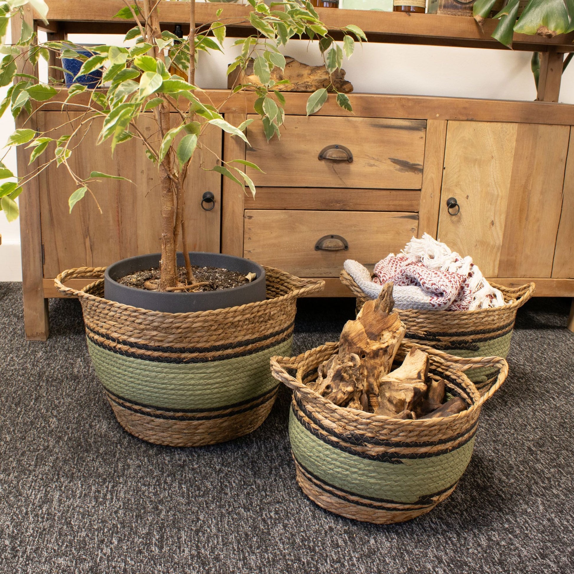 Cotton & Seagrass Large Baskets - Natural Black & Green - Set of 3 - Luna Panther