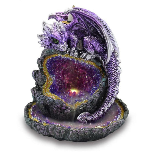 Polished Crystal Cave Purple Dragon LED Backflow Incense Burner featuring natural patterning and unique variations - Luna Panther