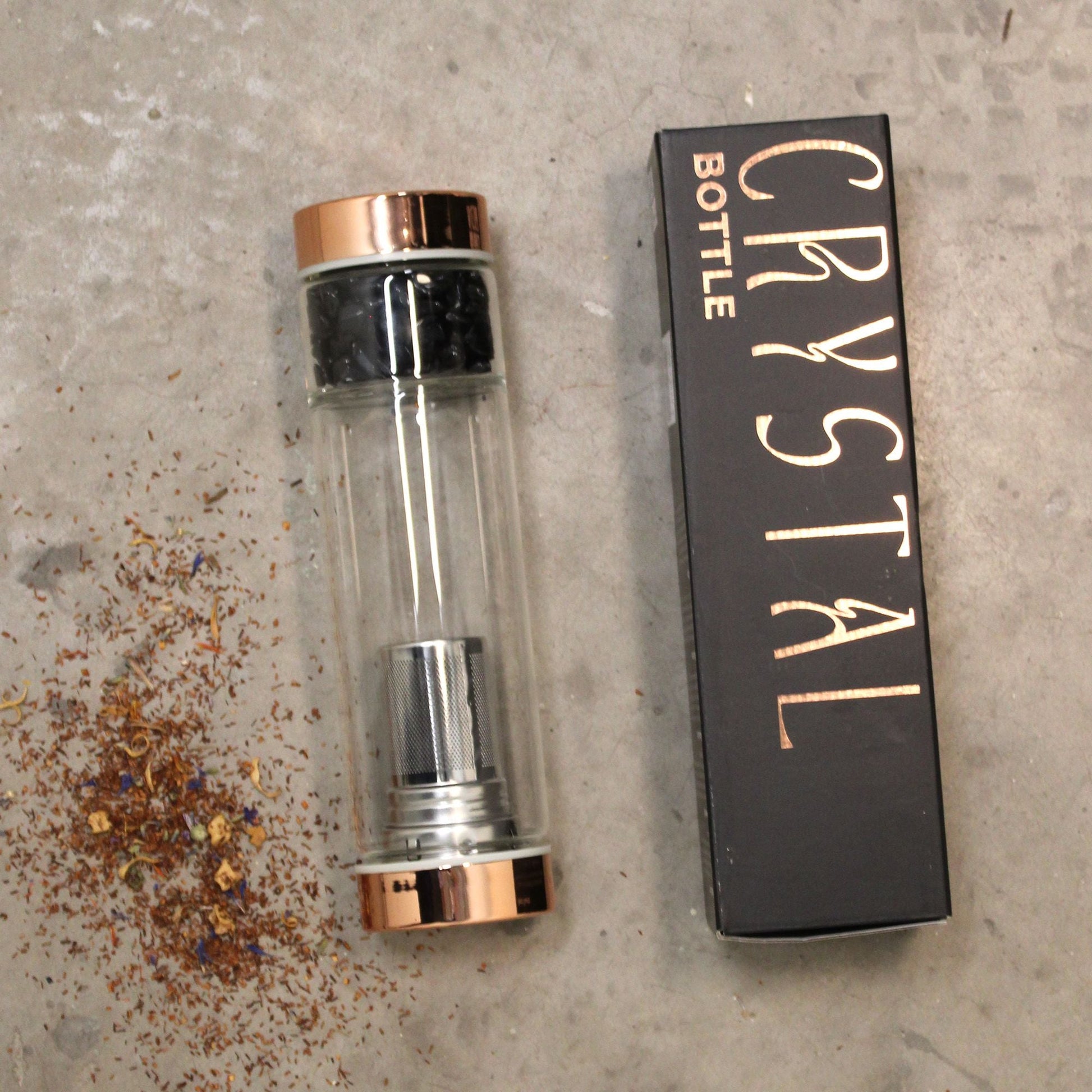 Crystal Glass Tea Infuser Bottle - Rose Gold - Amethyst - Luna Panther