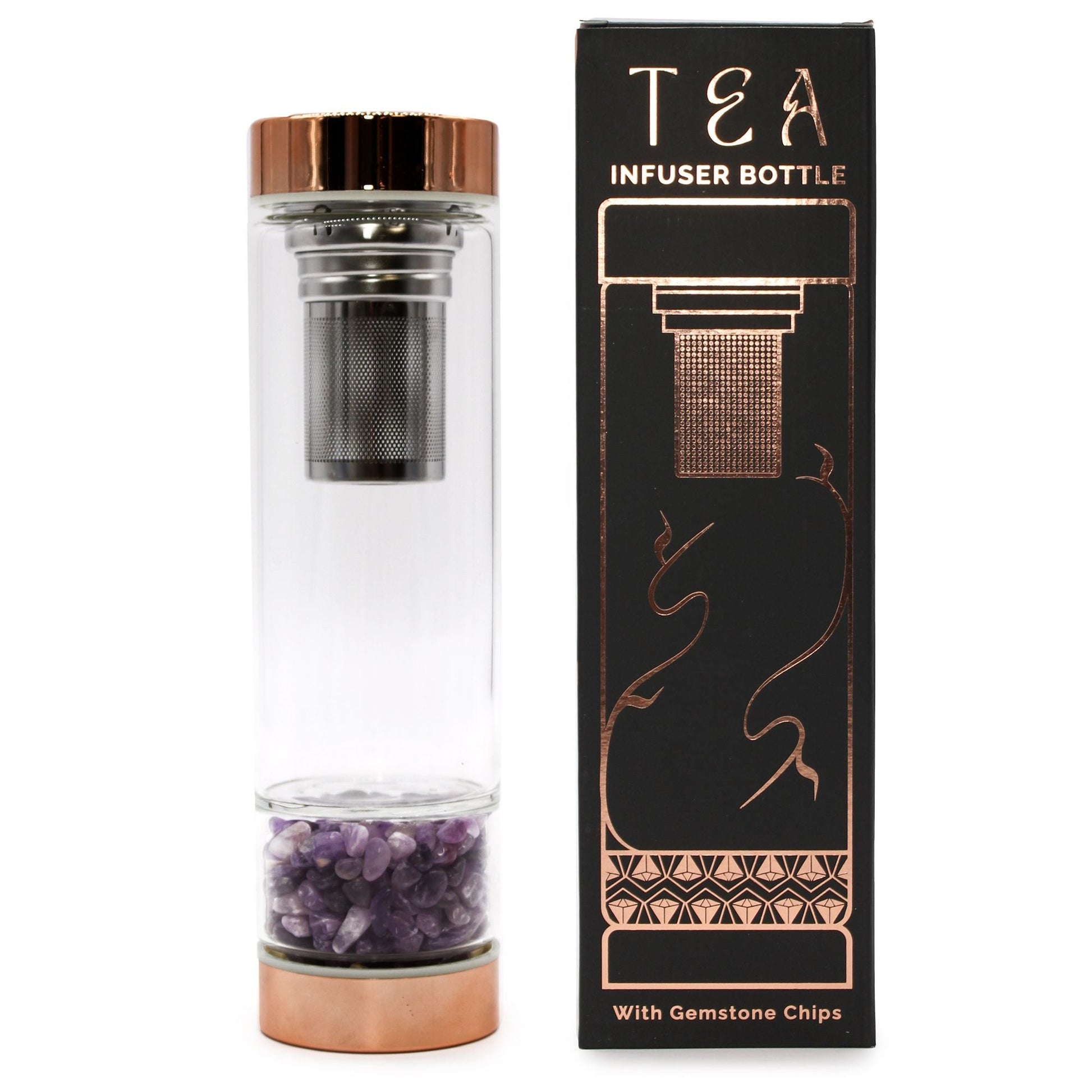 Crystal Glass Tea Infuser Bottle - Rose Gold - Amethyst - Luna Panther