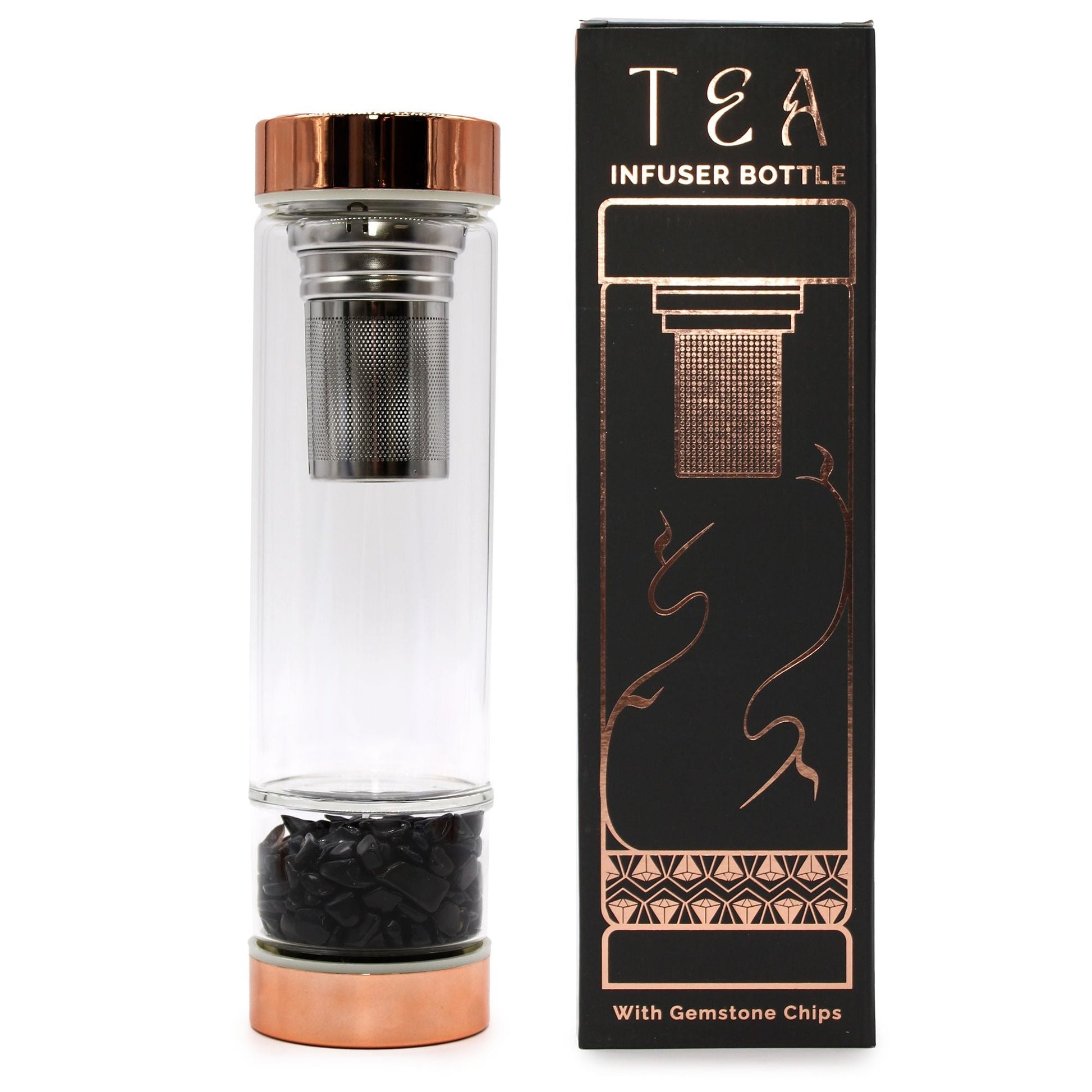Crystal Glass Tea Infuser Bottle - Rose Gold - Onyx - Luna Panther