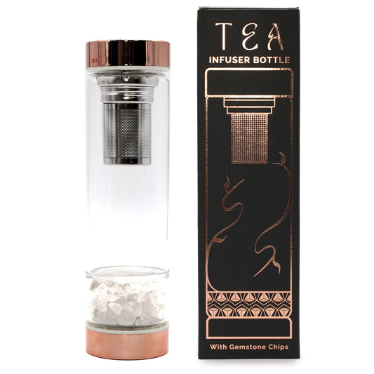 Crystal Glass Tea Infuser Bottle - Rose Gold - Rock Quartz - Luna Panther