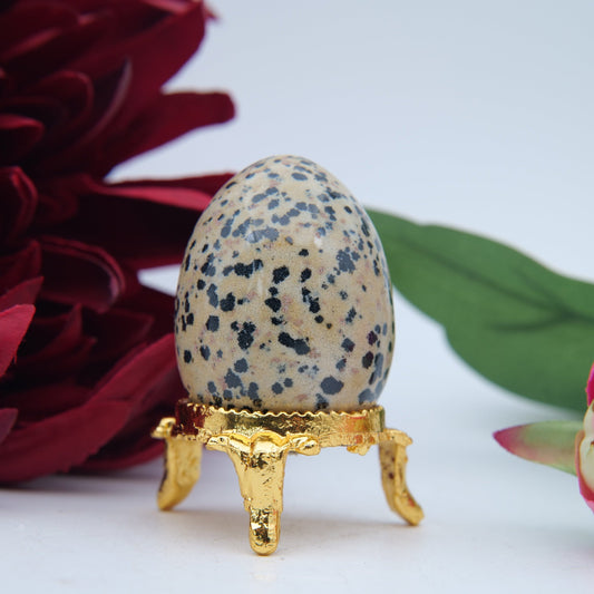 Polished Dalmatian Jasper Crystal Egg featuring cream base with black spots - Luna Panther