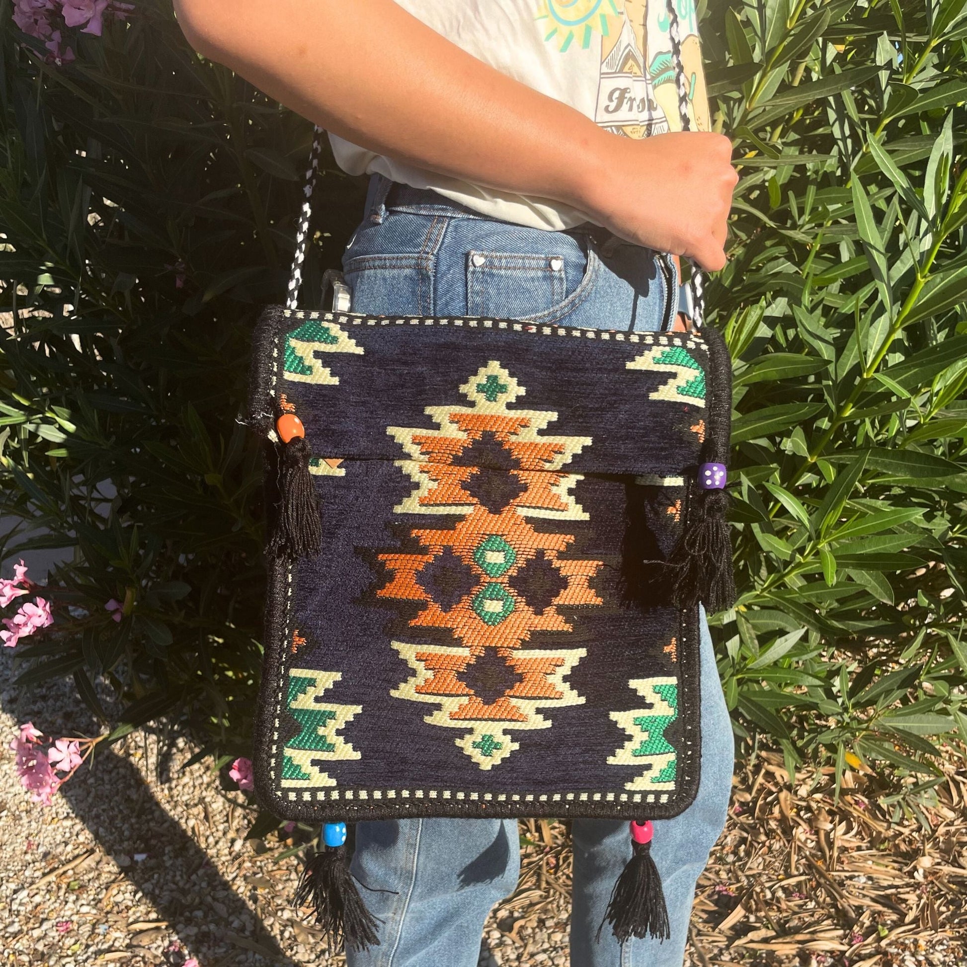 Polished Dark Navy Kilim Messenger Festival Bag featuring natural patterning and unique variations - Luna Panther