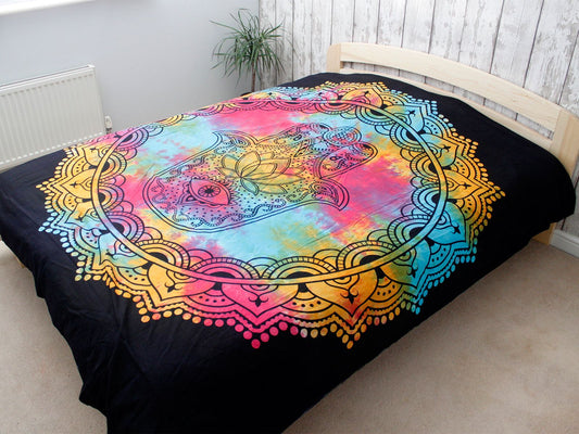 Double Cotton Bedspread + Wall Hanging - Black Hamsa - Luna Panther
