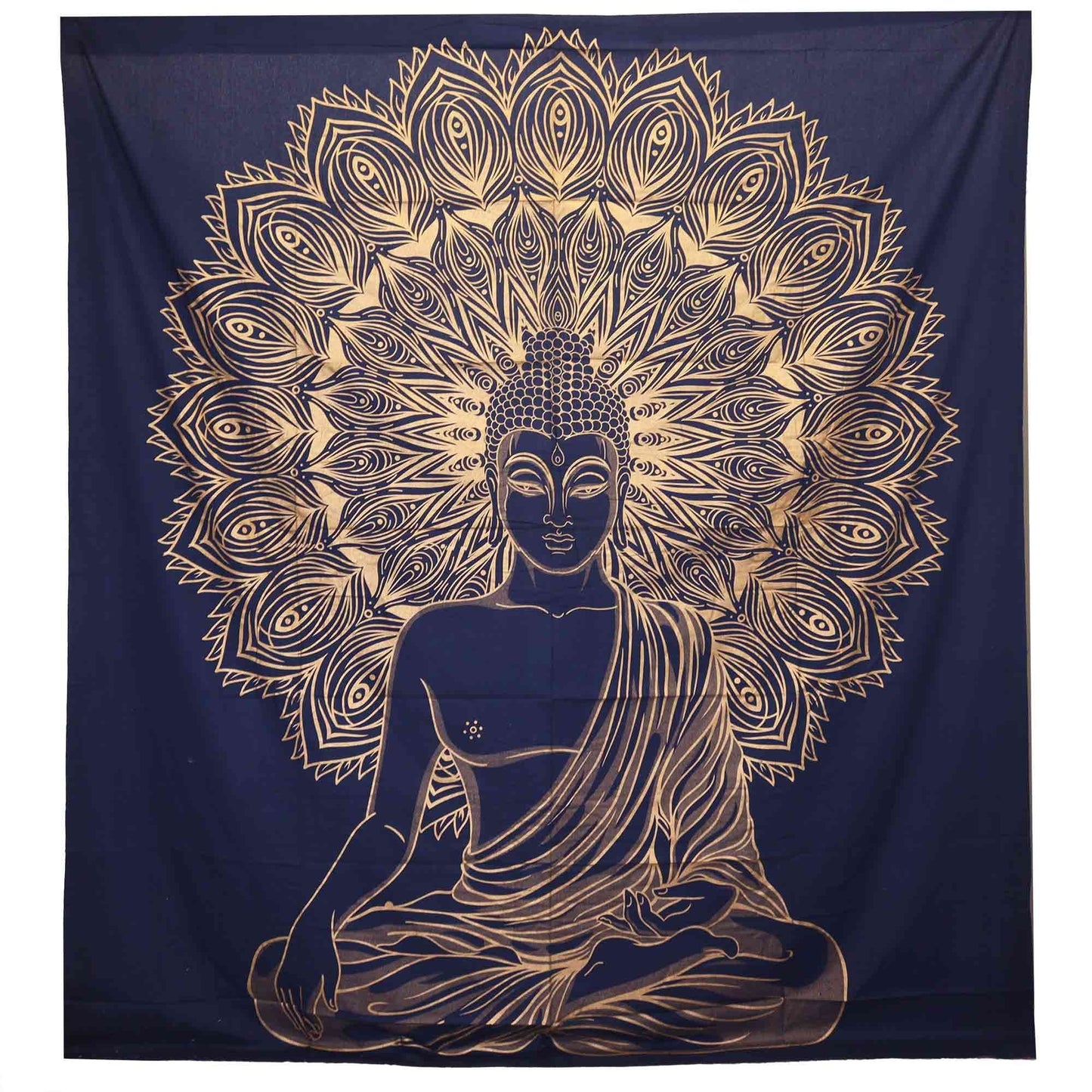 Double Cotton Bedspread + Wall Hanging - Buddha - Blue Gold - Luna Panther