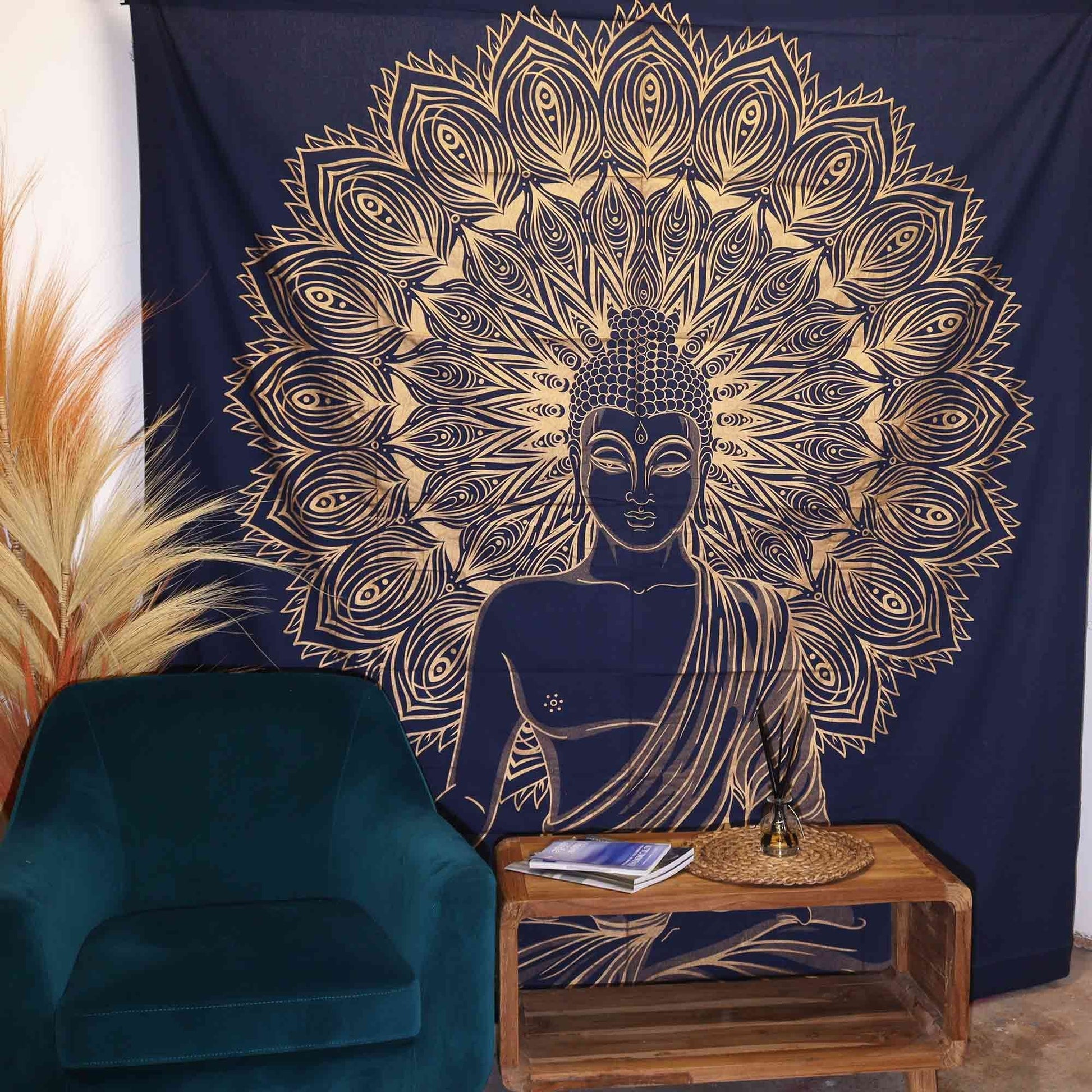 Double Cotton Bedspread + Wall Hanging - Buddha - Blue Gold - Luna Panther