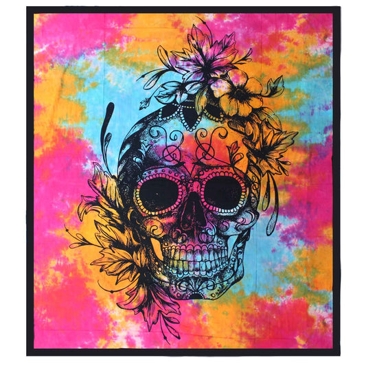 Double Cotton Bedspread + Wall Hanging - Day of the Dead Skull - Luna Panther
