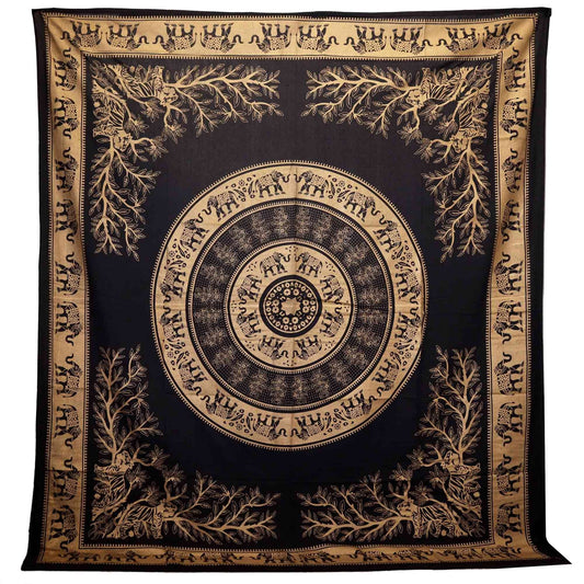 Double Cotton Bedspread + Wall Hanging - Elephant Jungle - Black Gold - Luna Panther