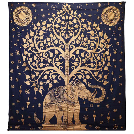 Double Cotton Bedspread + Wall Hanging - Elephant & Tree - Blue Gold - Luna Panther