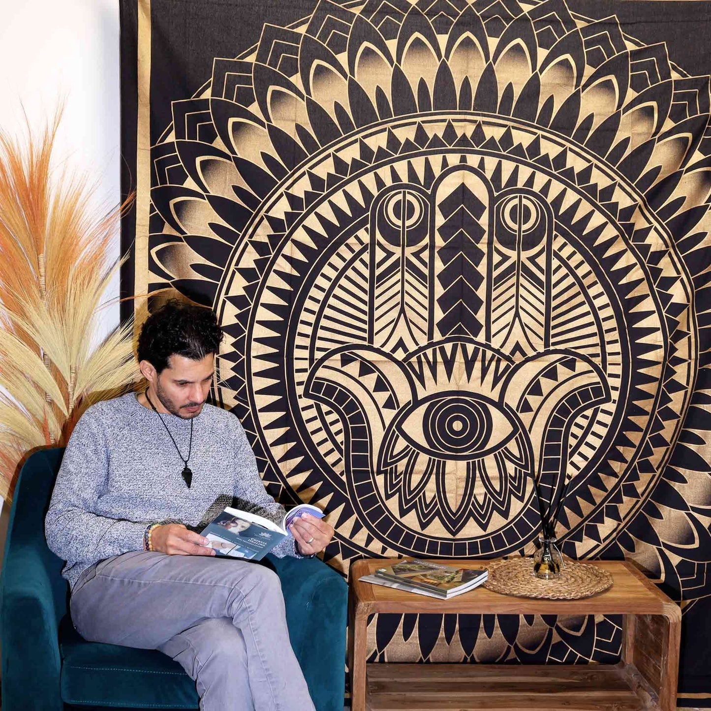 Double Cotton Bedspread + Wall Hanging - Hamsa - Black Gold - Luna Panther