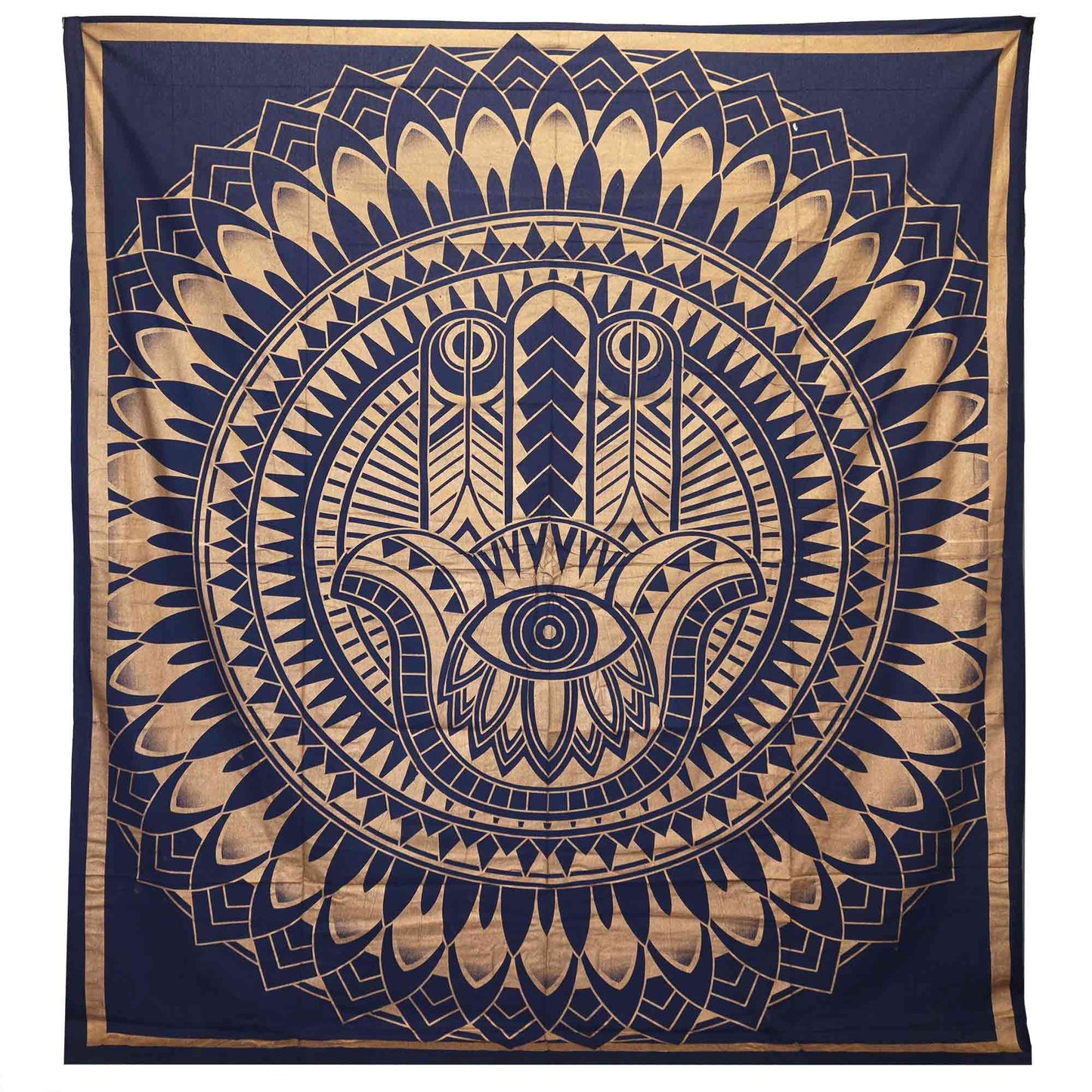 Double Cotton Bedspread + Wall Hanging - Hamsa - Blue Gold - Luna Panther