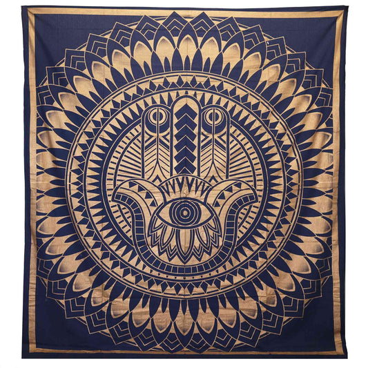 Double Cotton Bedspread + Wall Hanging - Hamsa - Blue Gold - Luna Panther