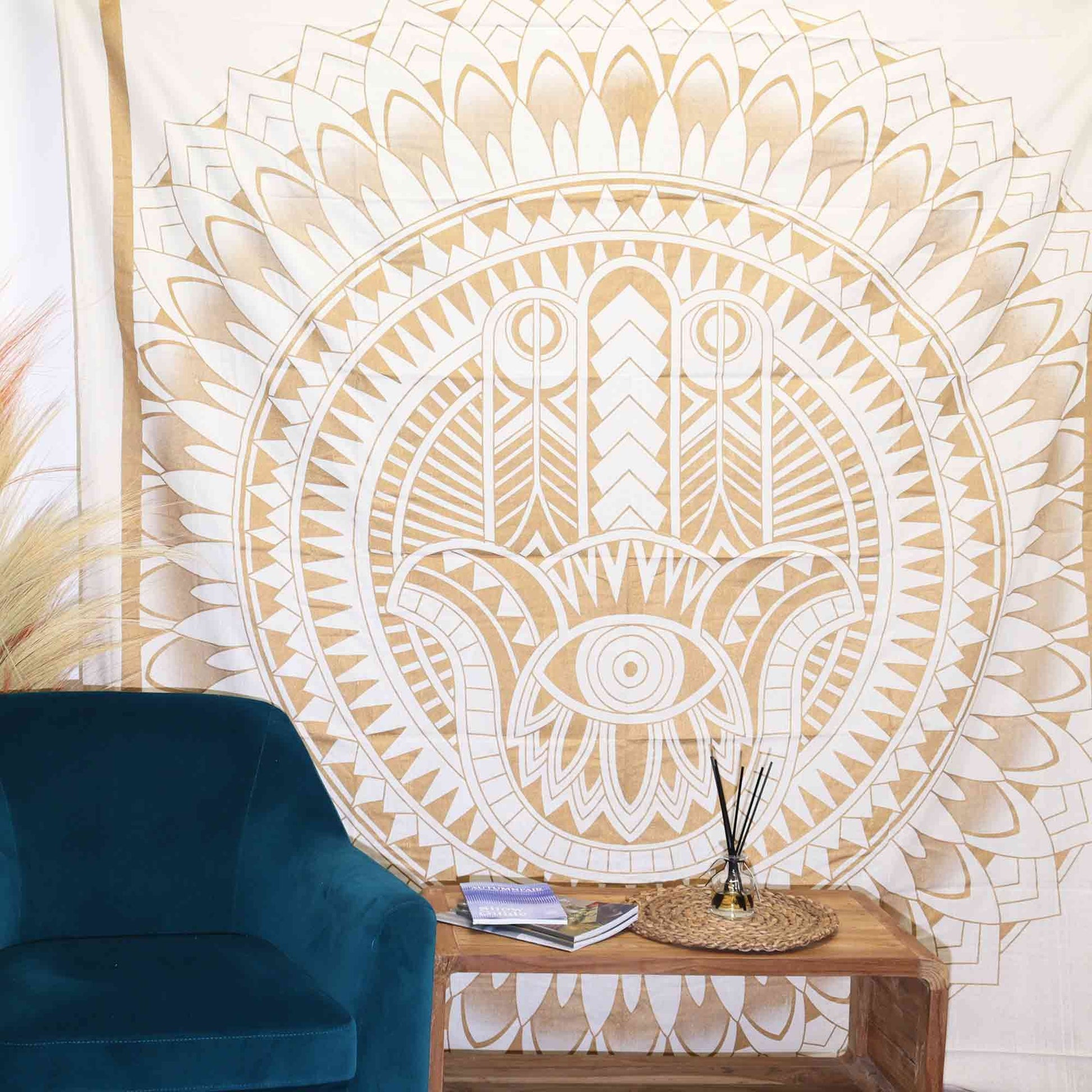 Double Cotton Bedspread + Wall Hanging - Hamsa - White Gold - Luna Panther