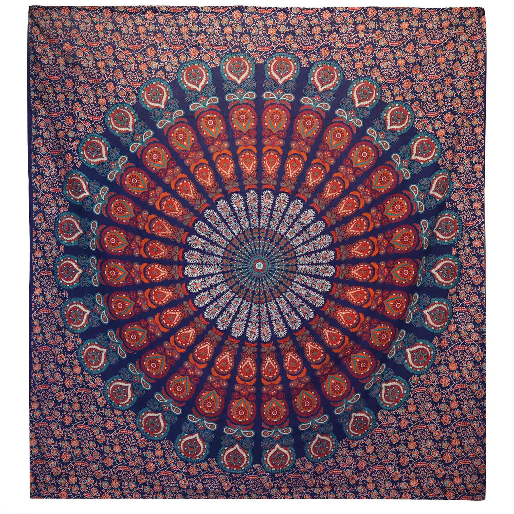 Double Cotton Bedspread + Wall Hanging - Peacock Mandala - Blue - Luna Panther