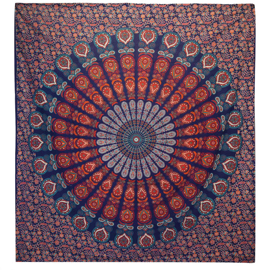 Double Cotton Bedspread + Wall Hanging - Peacock Mandala - Blue - Luna Panther