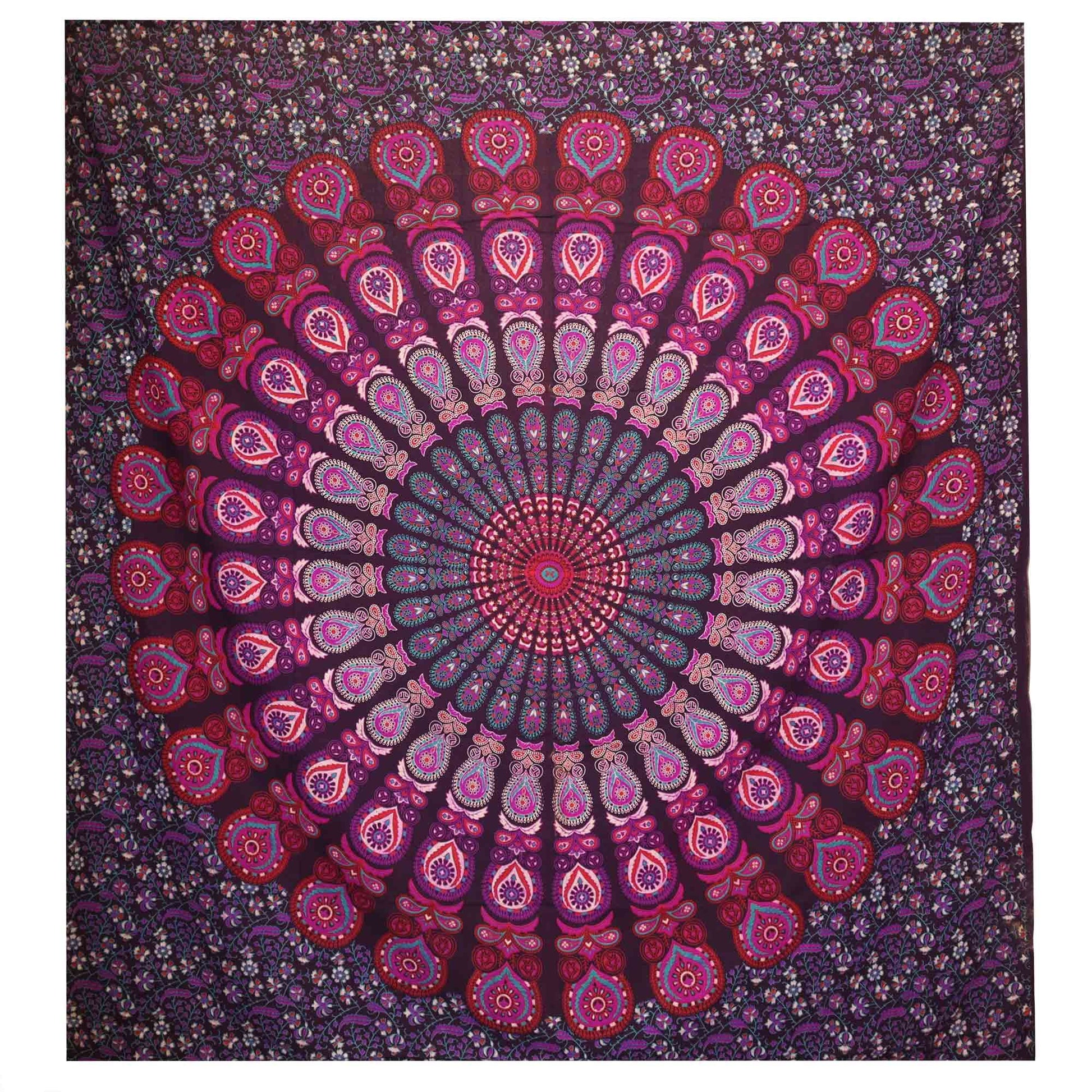Double Cotton Bedspread + Wall Hanging - Peacock Mandala - Purple - Luna Panther