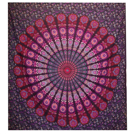 Double Cotton Bedspread + Wall Hanging - Peacock Mandala - Purple - Luna Panther