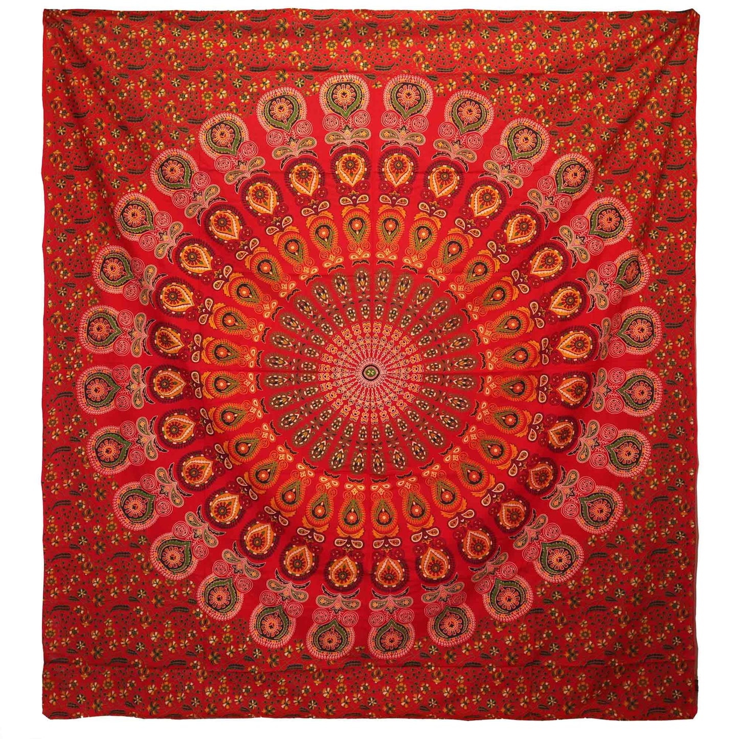 Double Cotton Bedspread + Wall Hanging - Peacock Mandala - Red - Luna Panther