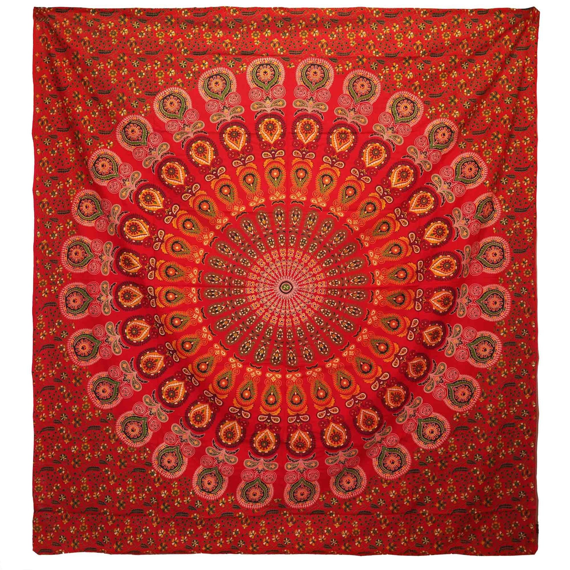 Double Cotton Bedspread + Wall Hanging - Peacock Mandala - Red - Luna Panther