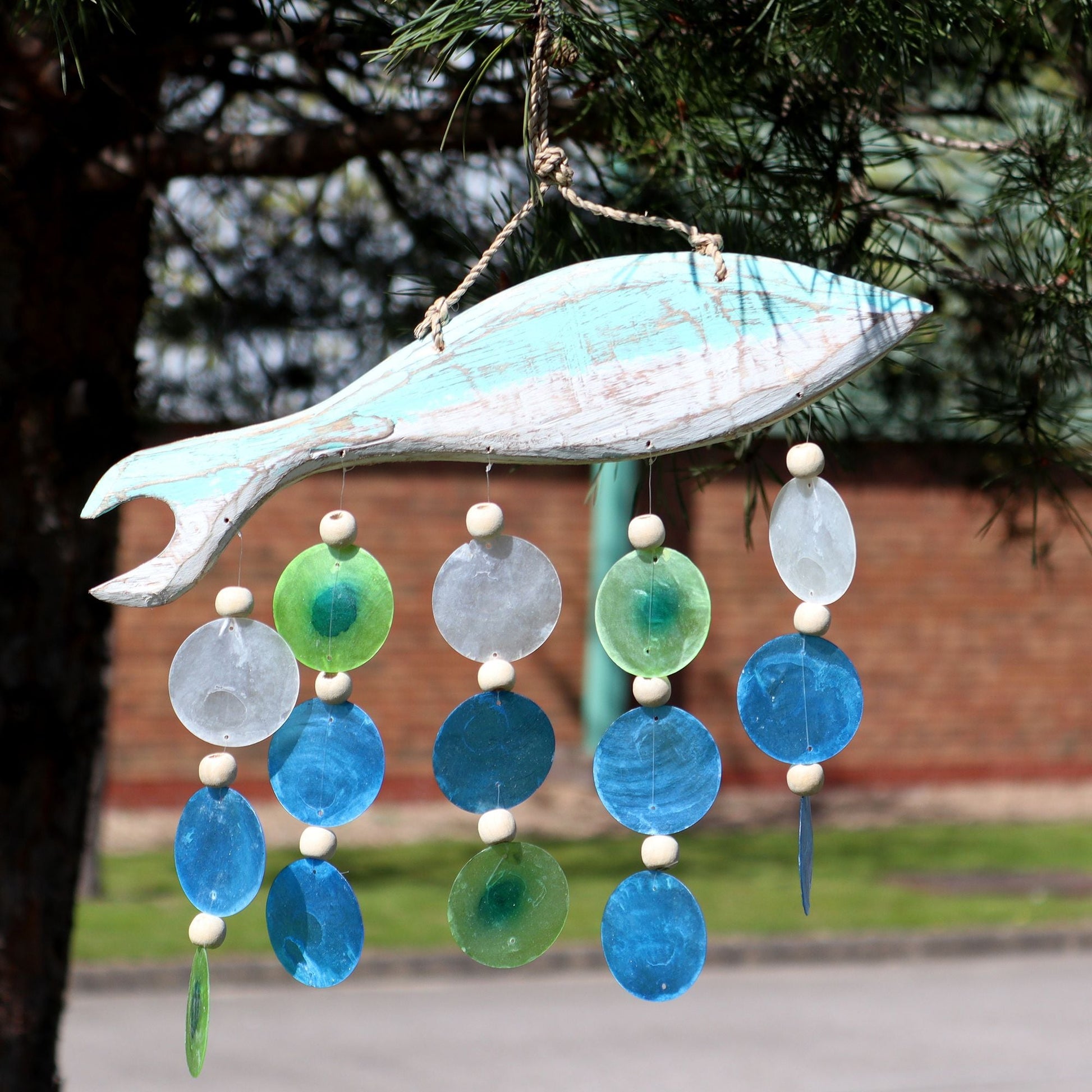 Driftwood Wind Chime - Aqua Fish Carving and Copis Drop - Luna Panther