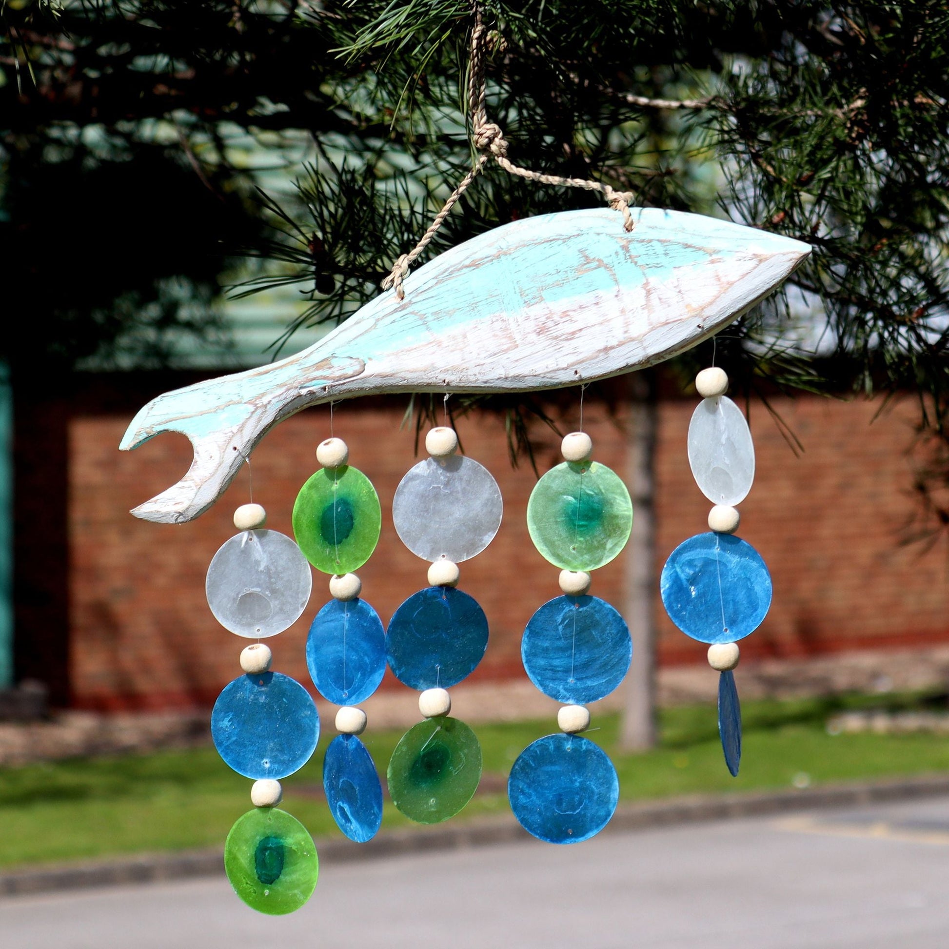 Driftwood Wind Chime - Aqua Fish Carving and Copis Drop - Luna Panther