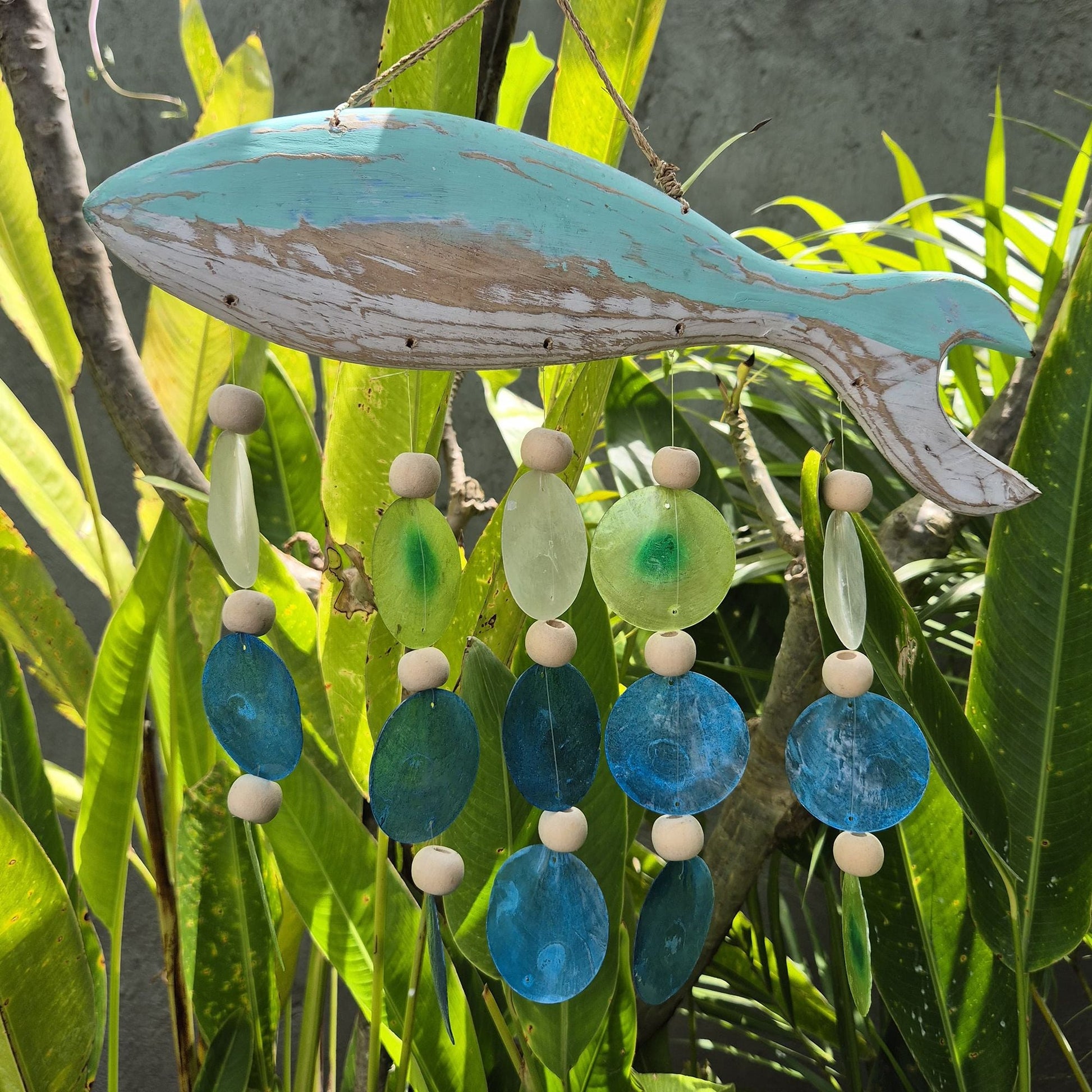 Driftwood Wind Chime - Aqua Fish Carving and Copis Drop - Luna Panther