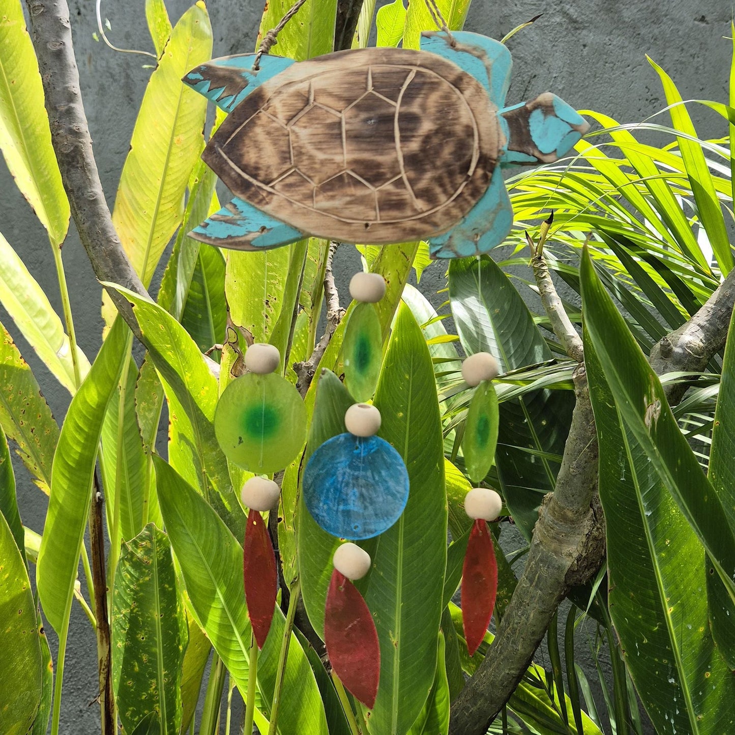 Driftwood Wind Chime - Aqua Turtle Carving and Copis Drop - Luna Panther