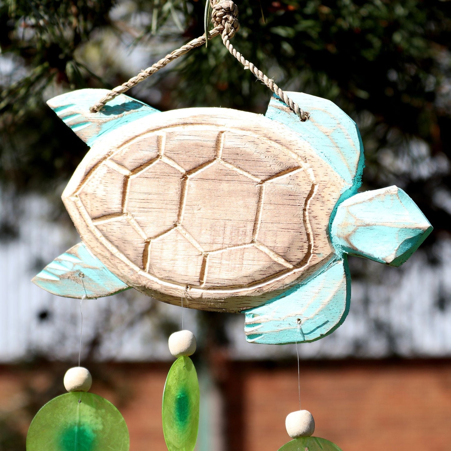 Driftwood Wind Chime - Aqua Turtle Carving and Copis Drop - Luna Panther