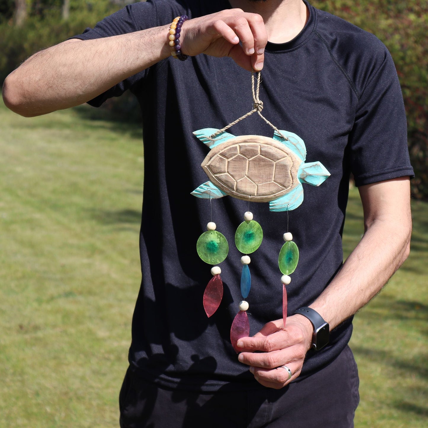 Driftwood Wind Chime - Aqua Turtle Carving and Copis Drop - Luna Panther