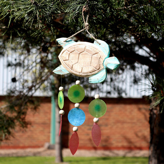Driftwood Wind Chime - Aqua Turtle Carving and Copis Drop - Luna Panther