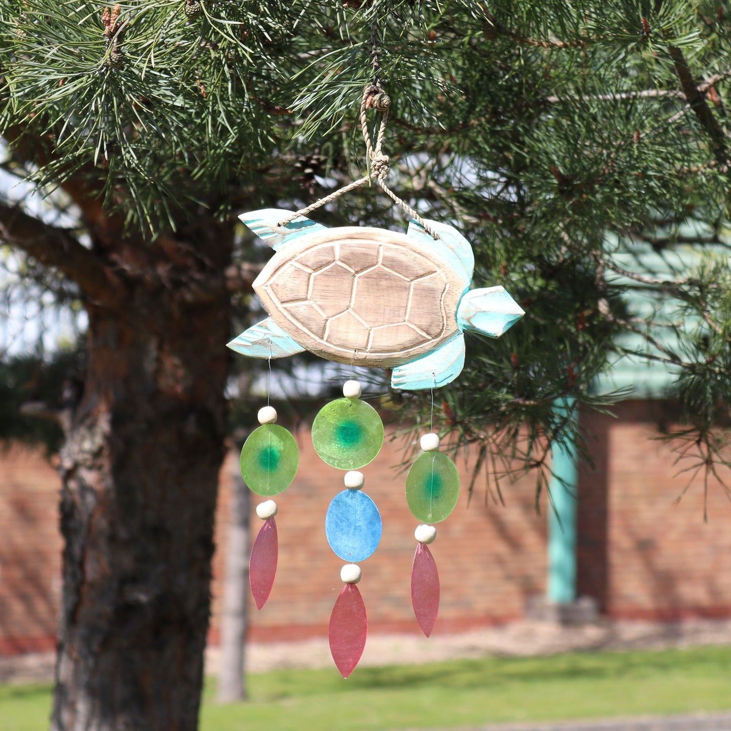 Driftwood Wind Chime - Aqua Turtle Carving and Copis Drop - Luna Panther