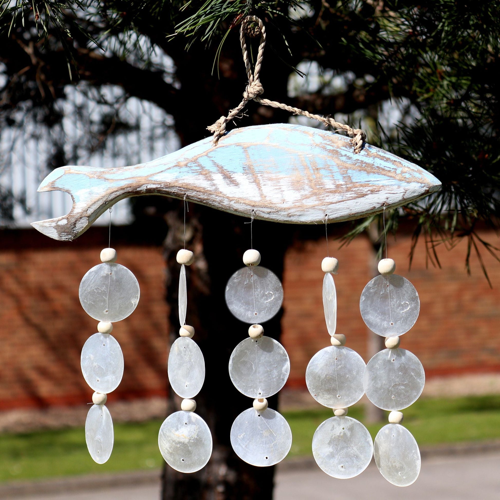 Driftwood Wind Chime - Bluewash Fish Carving and Natural Copis Drop - Luna Panther