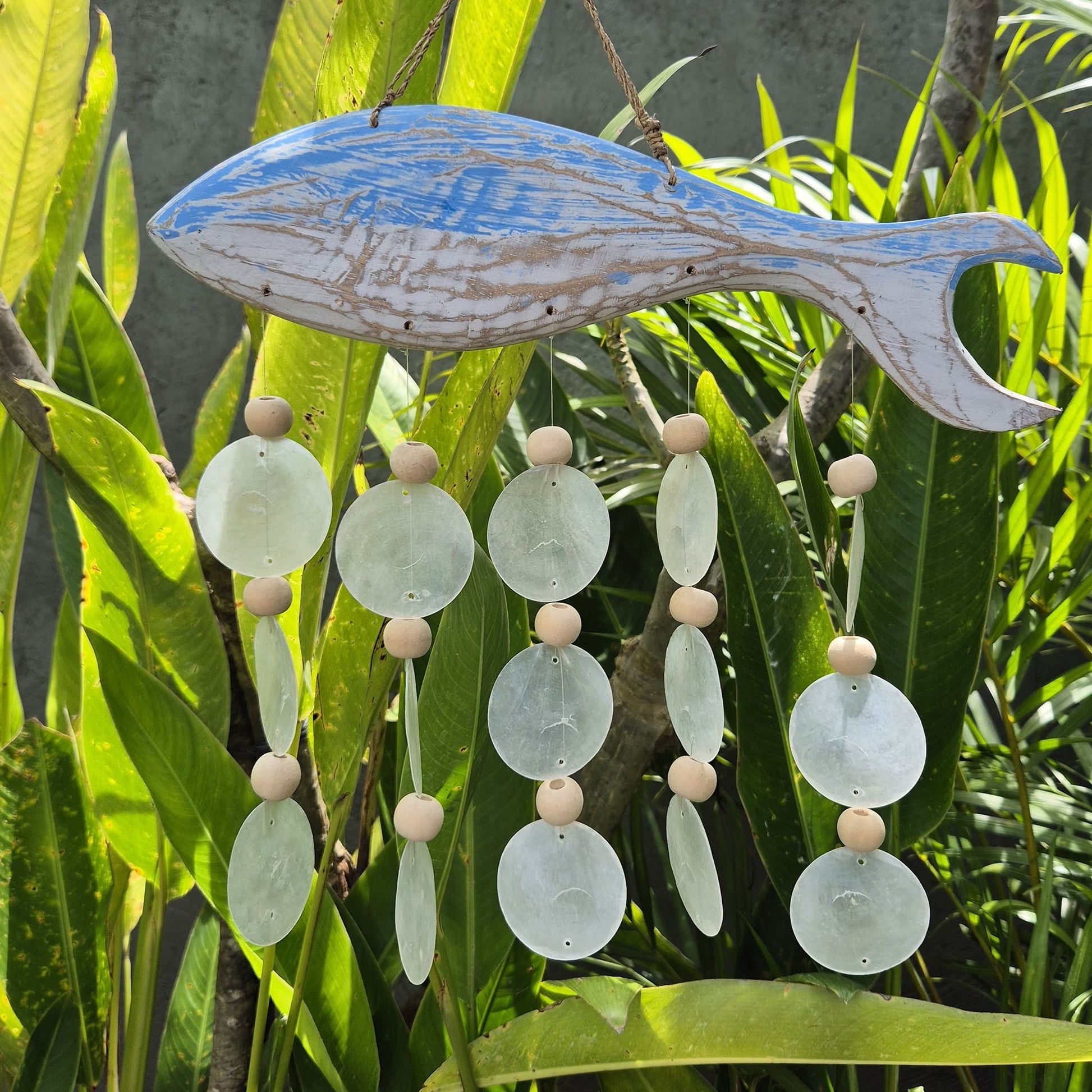 Driftwood Wind Chime - Bluewash Fish Carving and Natural Copis Drop - Luna Panther