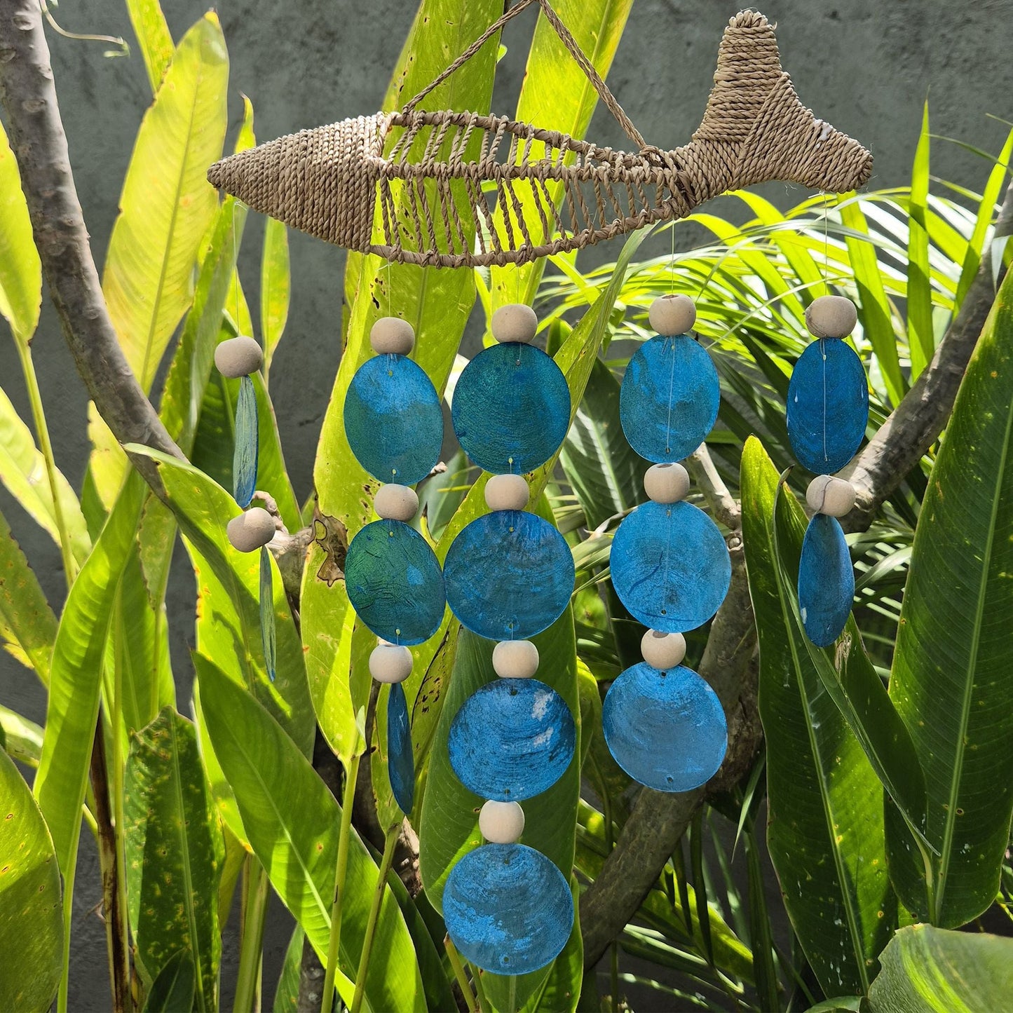 Driftwood Wind Chime - String Fish and Blue Copis Drop - Luna Panther