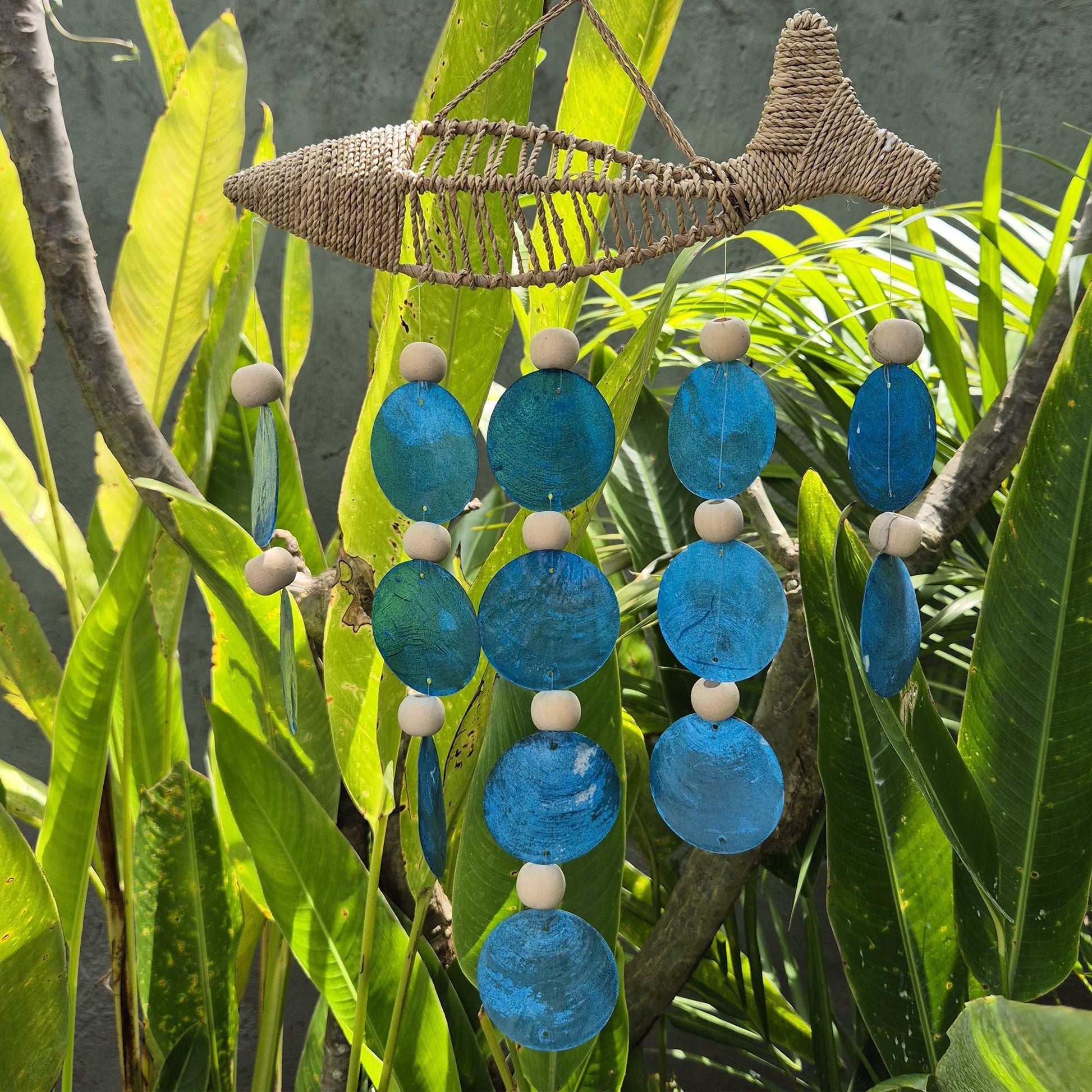 Driftwood Wind Chime - String Fish and Blue Copis Drop - Luna Panther