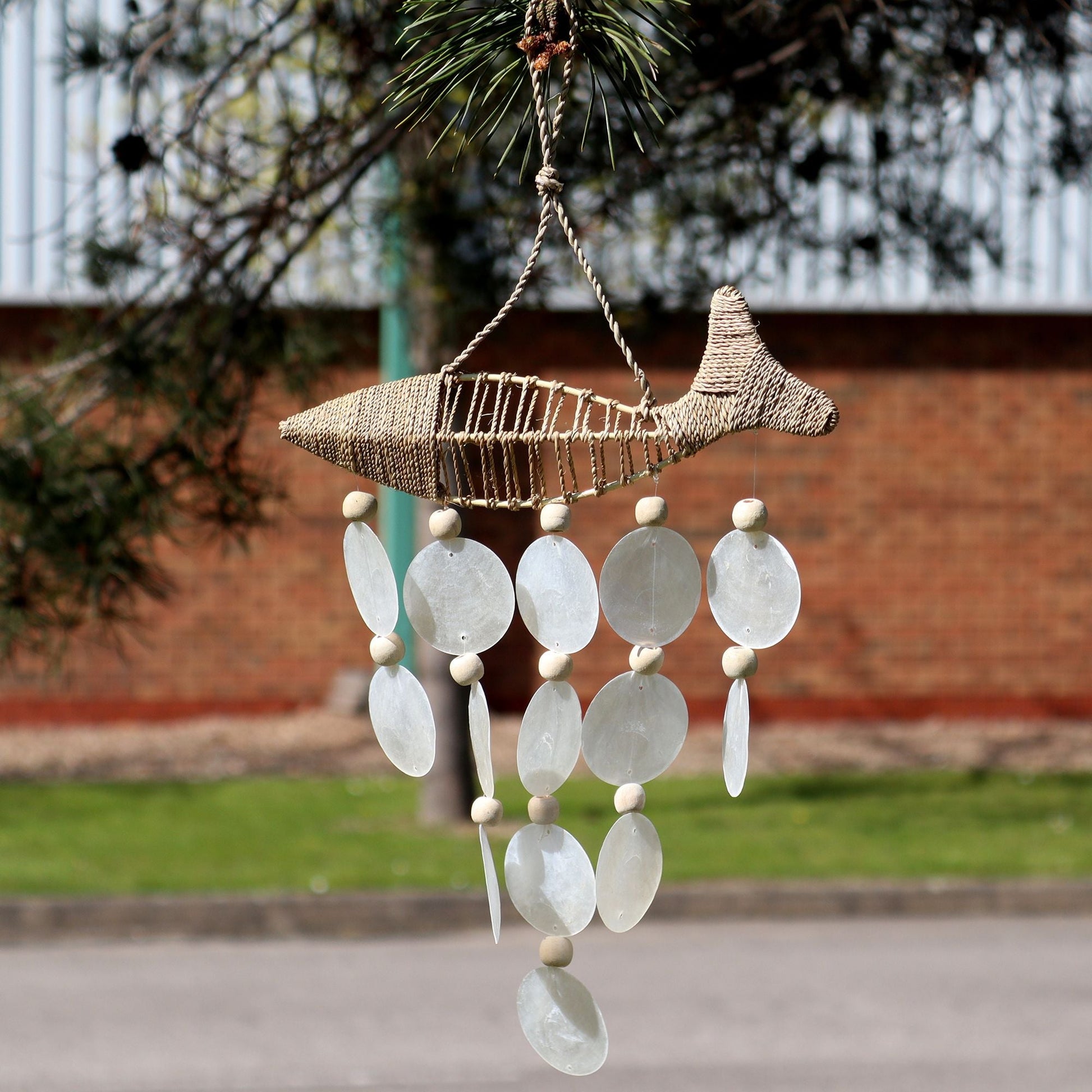 Driftwood Wind Chime - String Fish and Natural Copis Drop - Luna Panther
