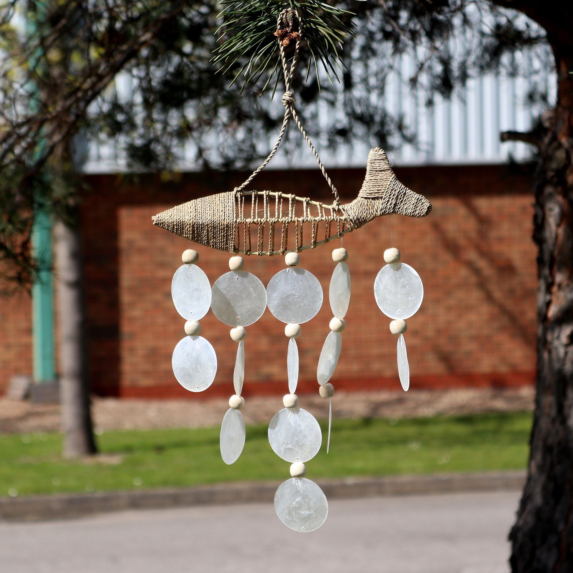Driftwood Wind Chime - String Fish and Natural Copis Drop - Luna Panther