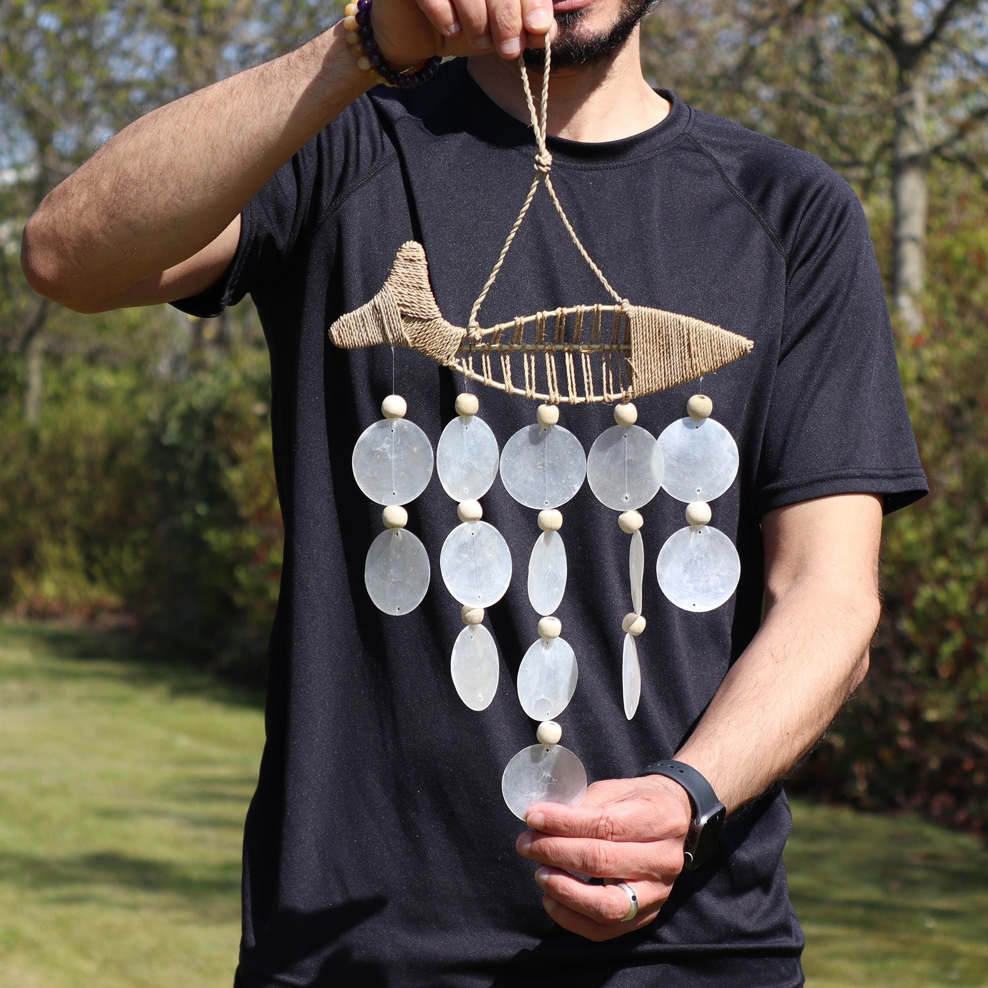 Driftwood Wind Chime - String Fish and Natural Copis Drop - Luna Panther