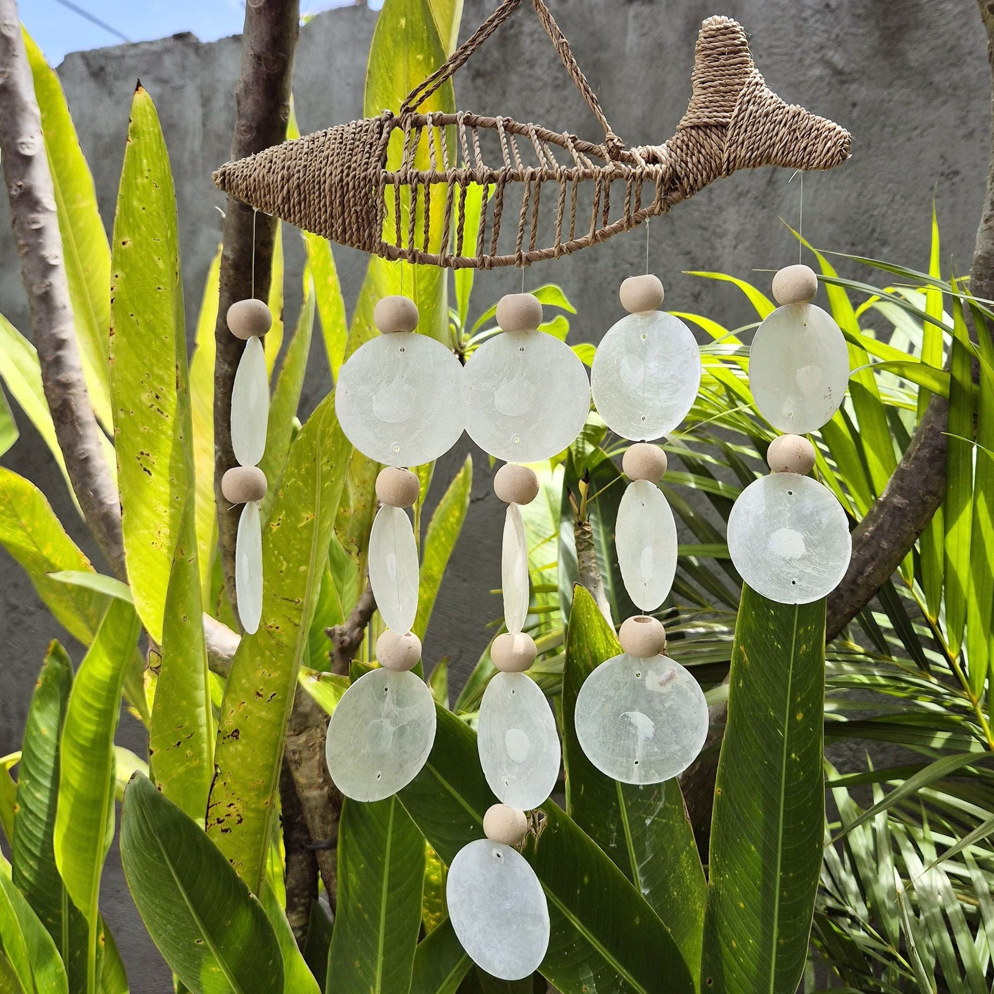 Driftwood Wind Chime - String Fish and Natural Copis Drop - Luna Panther