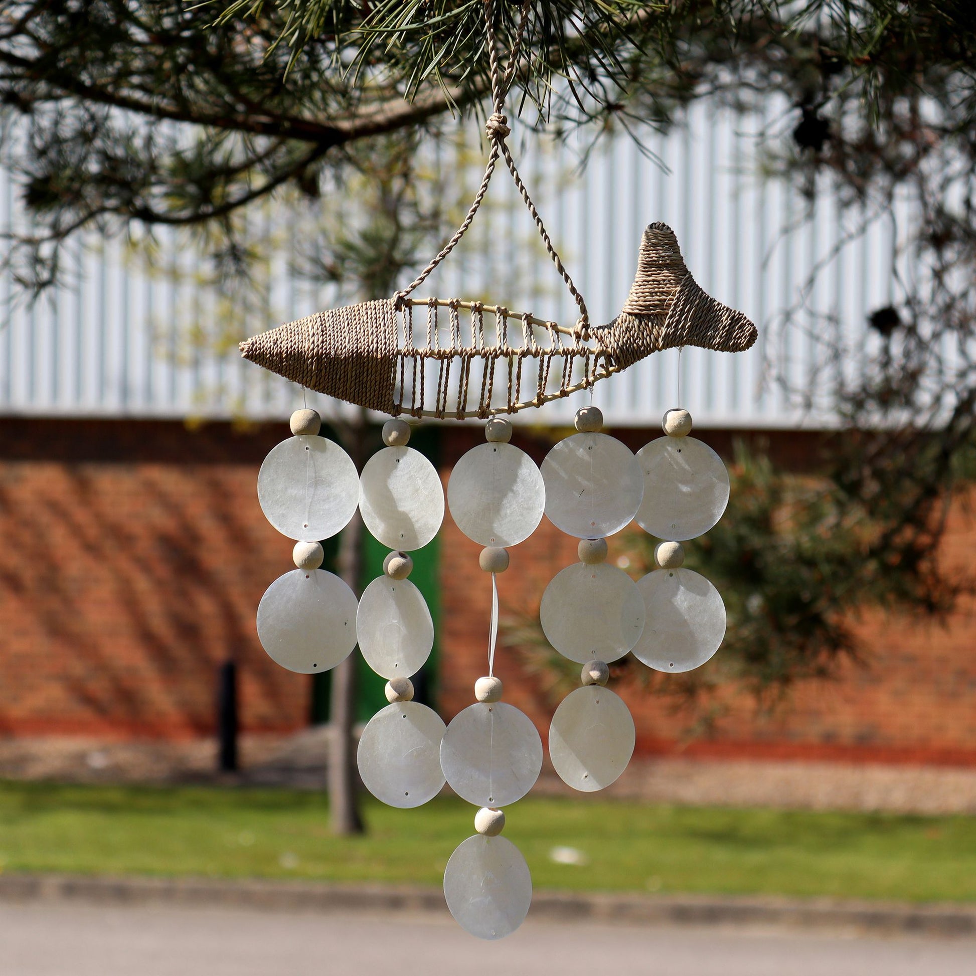 Driftwood Wind Chime - String Fish and Natural Copis Drop - Luna Panther