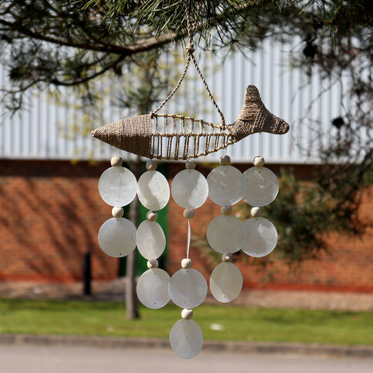 Driftwood Wind Chime - String Fish and Natural Copis Drop - Luna Panther