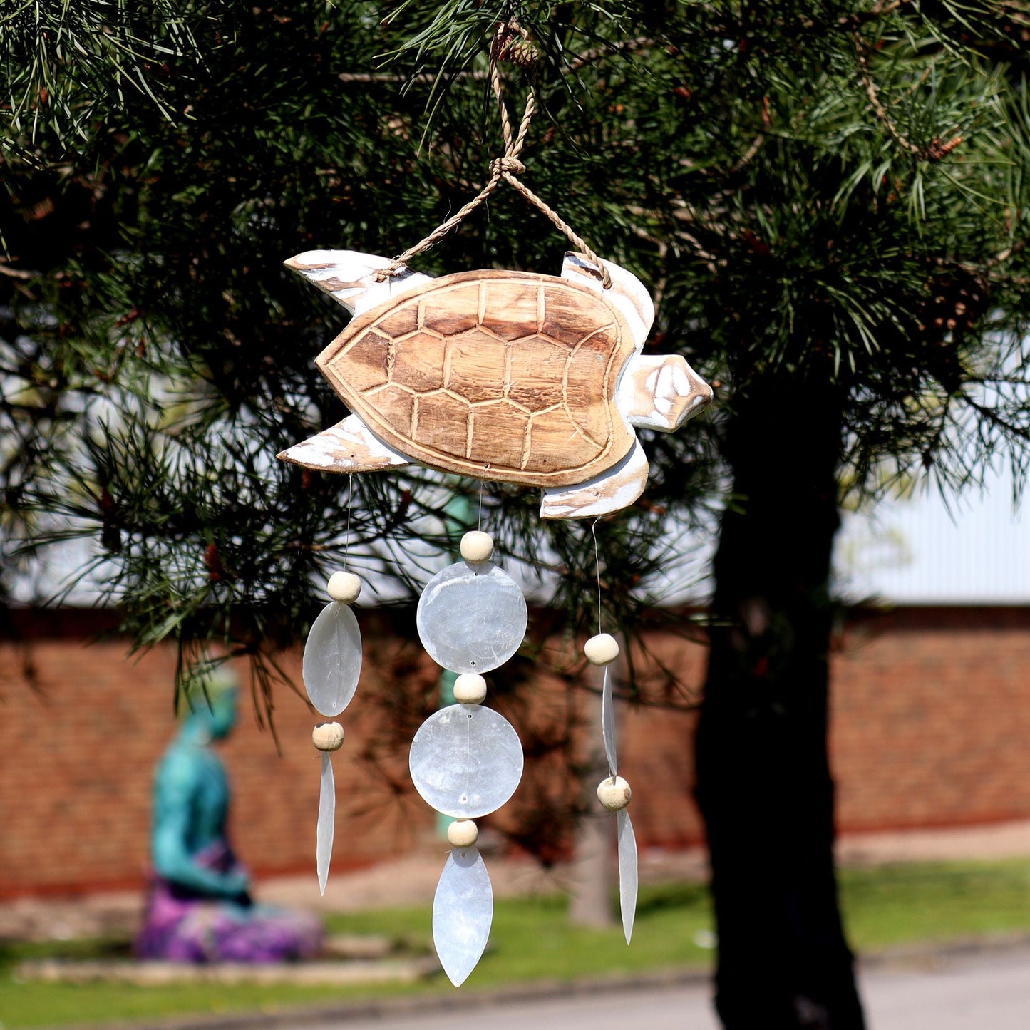 Driftwood Wind Chime - Whitewash Turtle Carving and Natural Copis Drop - Luna Panther