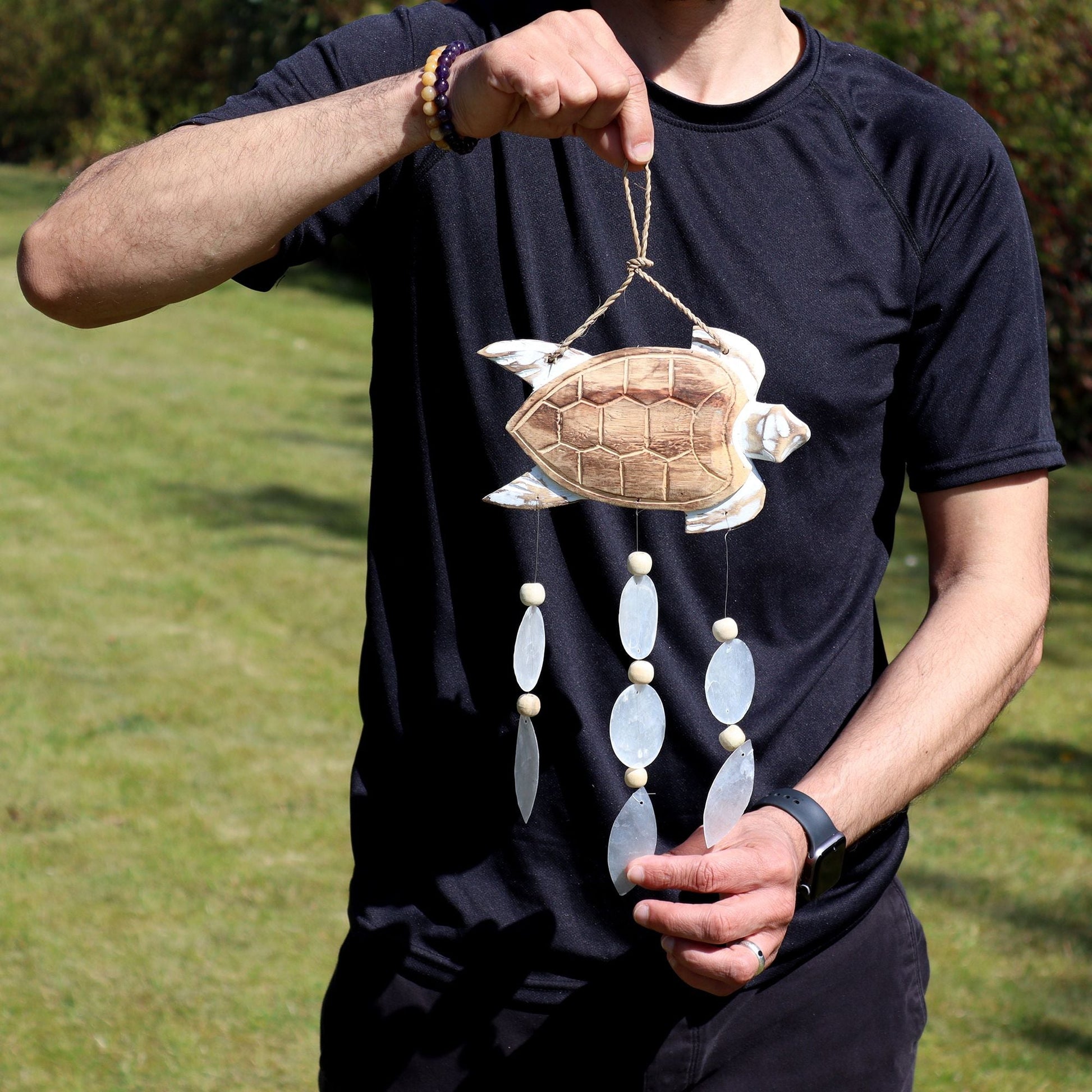 Driftwood Wind Chime - Whitewash Turtle Carving and Natural Copis Drop - Luna Panther