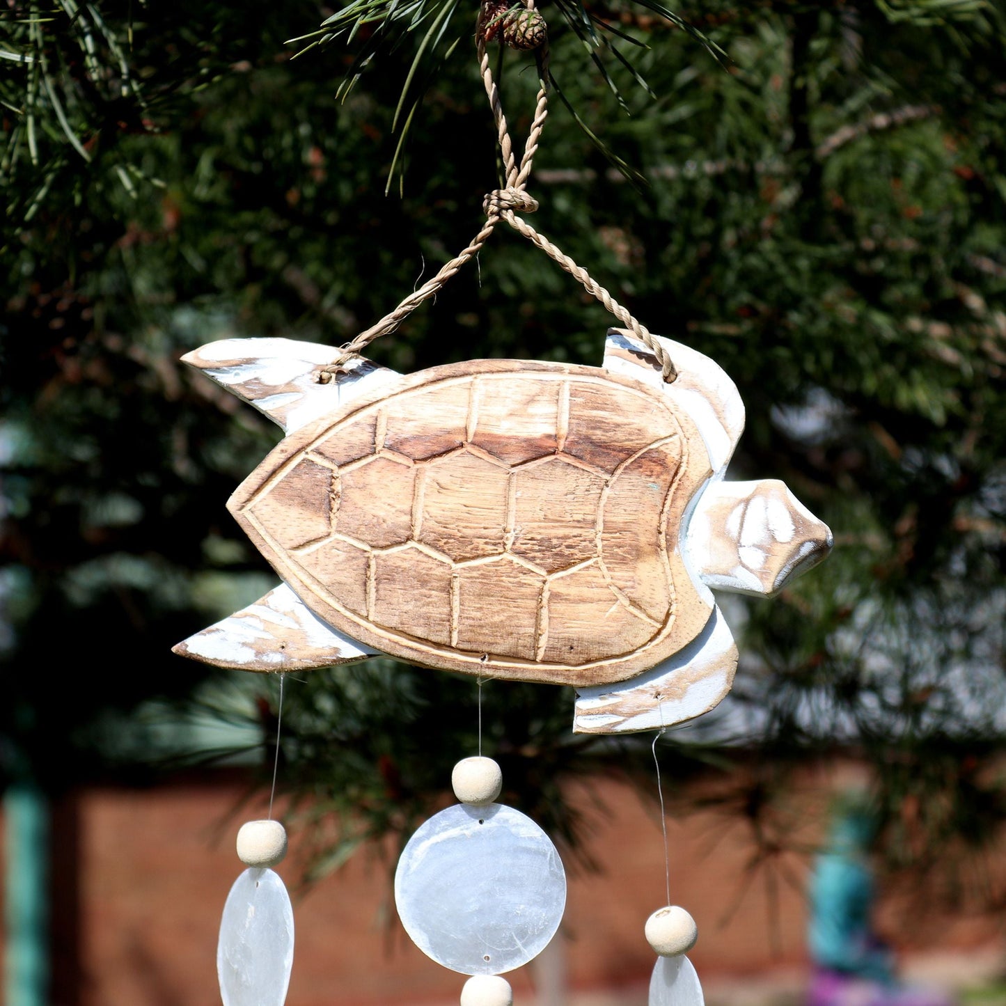 Driftwood Wind Chime - Whitewash Turtle Carving and Natural Copis Drop - Luna Panther