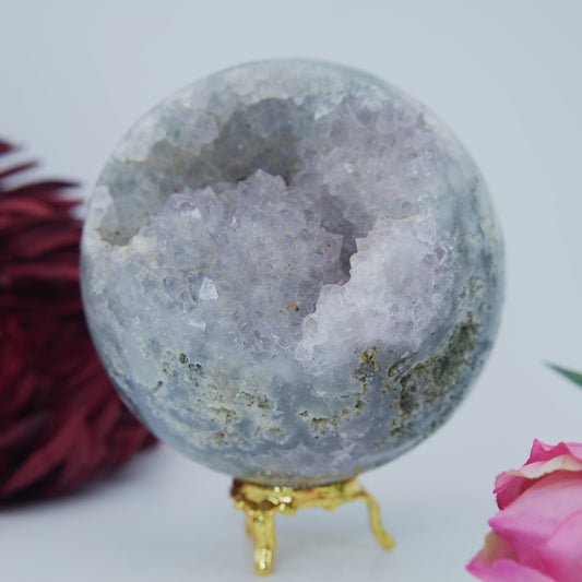 Natural Druzy Green Moss Agate Sphere 1300g 100mm featuring green mossy inclusions in translucent base - Luna Panther
