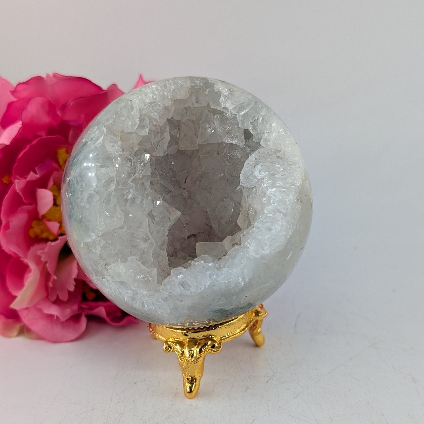 Natural Druzy Green Moss Agate Sphere 410g 70mm featuring green mossy inclusions in translucent base - Luna Panther