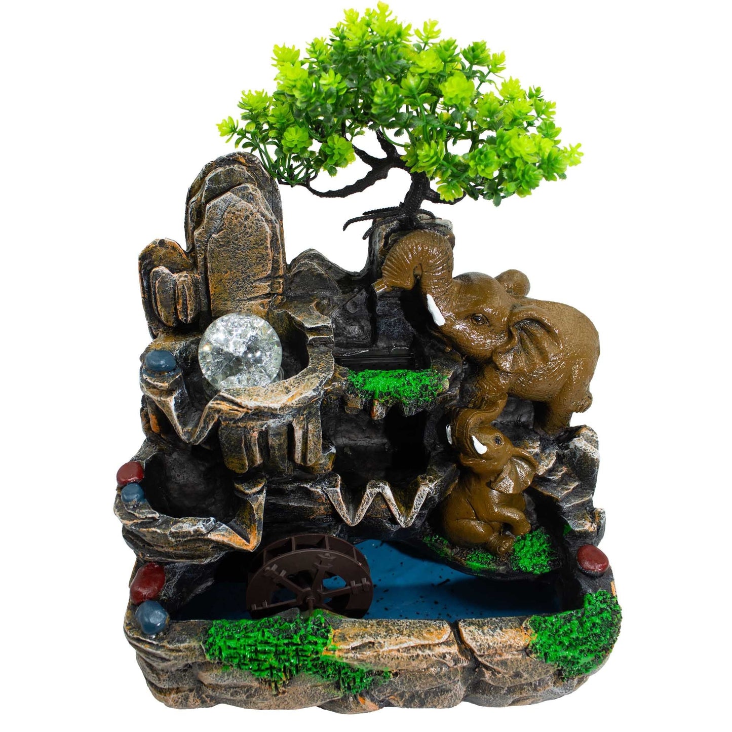 Elephants in Love Tabletop Water Feature with Crystal Ball, Light & Watermill - Luna Panther