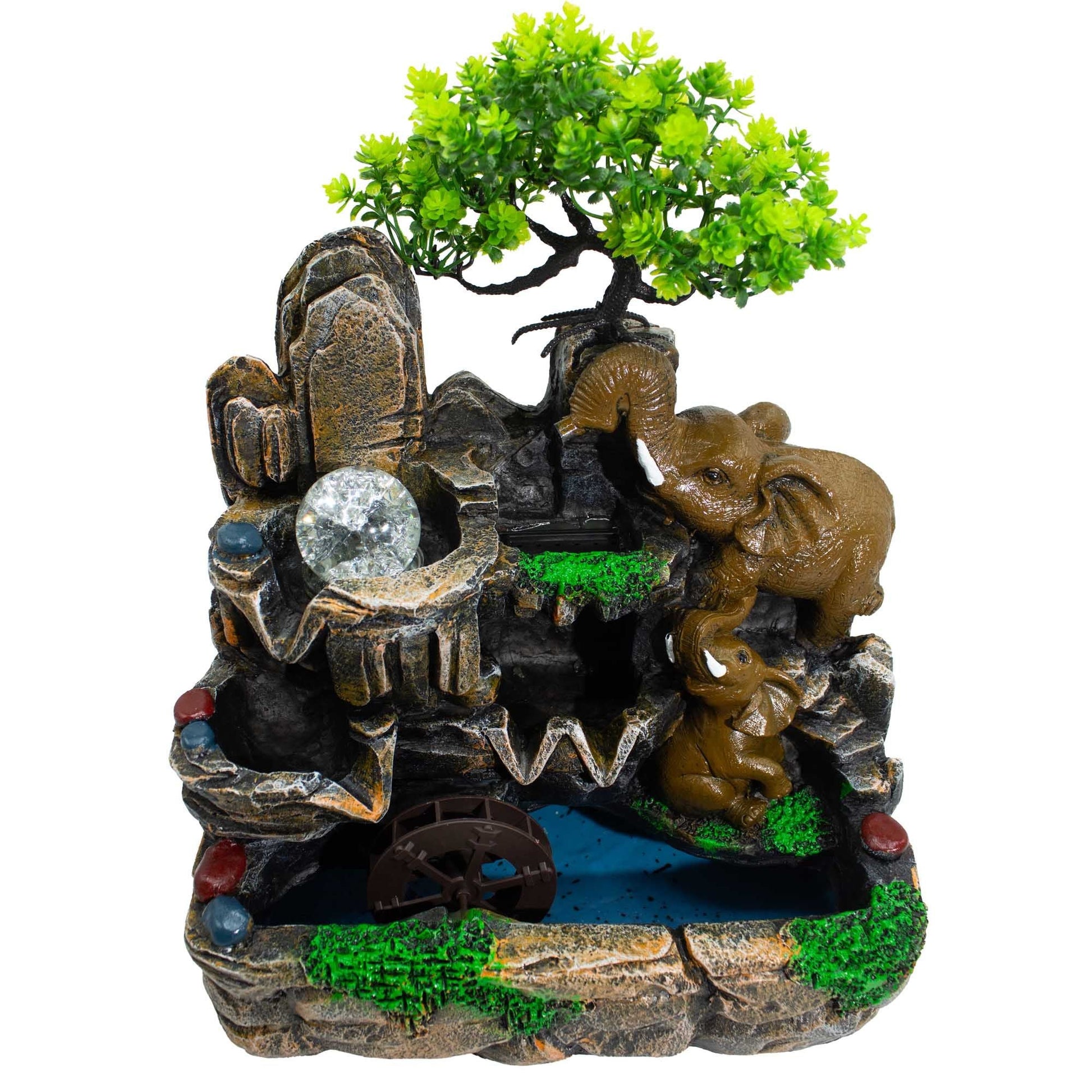Elephants in Love Tabletop Water Feature with Crystal Ball, Light & Watermill - Luna Panther